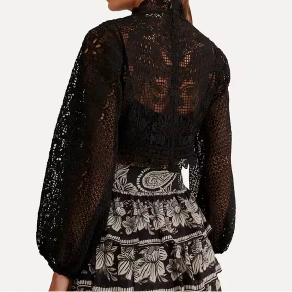 FARM Rio Black Guipure Lace Balloon sleeve, Blouse. EUC. No flaws. Womens Small - Picture 10 of 10
